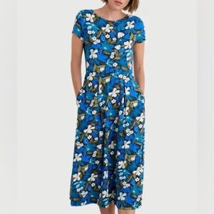 Seasalt Cornwell Blue Floral April Soft Cotton Jersey Midi Flared Dress